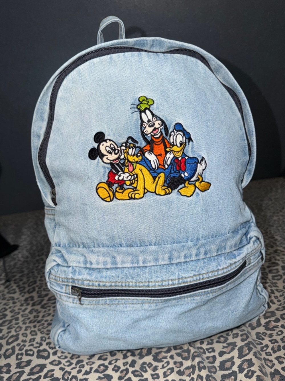 Disney Light Blue Denim Backpack with Mickey, Donald, Goofy & Pluto Patch